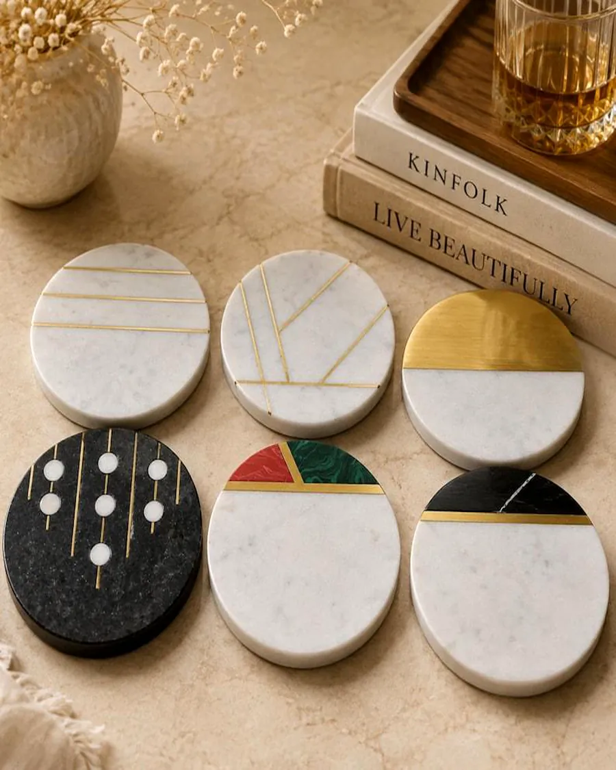 Coasters with Brass & Malachite Inlay — handcrafted marble by Authentic Jewels of Marble, Agra