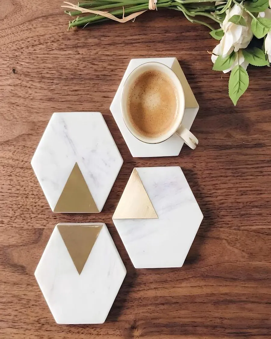 Hexagon Coasters with Brass Triangle — handcrafted marble by Authentic Jewels of Marble, Agra