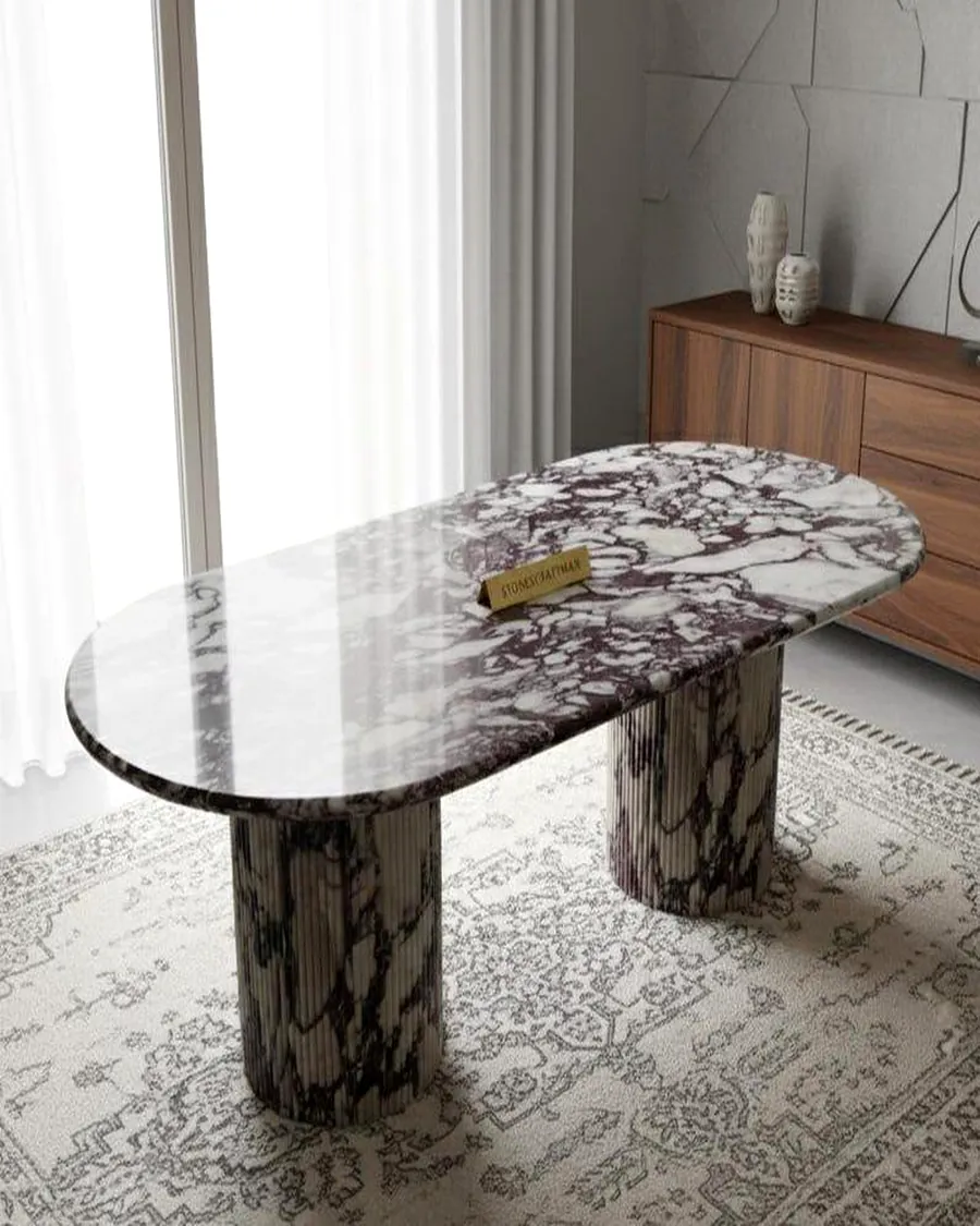 Oval Dining Table with Fluted Pedestals — handcrafted marble by Authentic Jewels of Marble, Agra