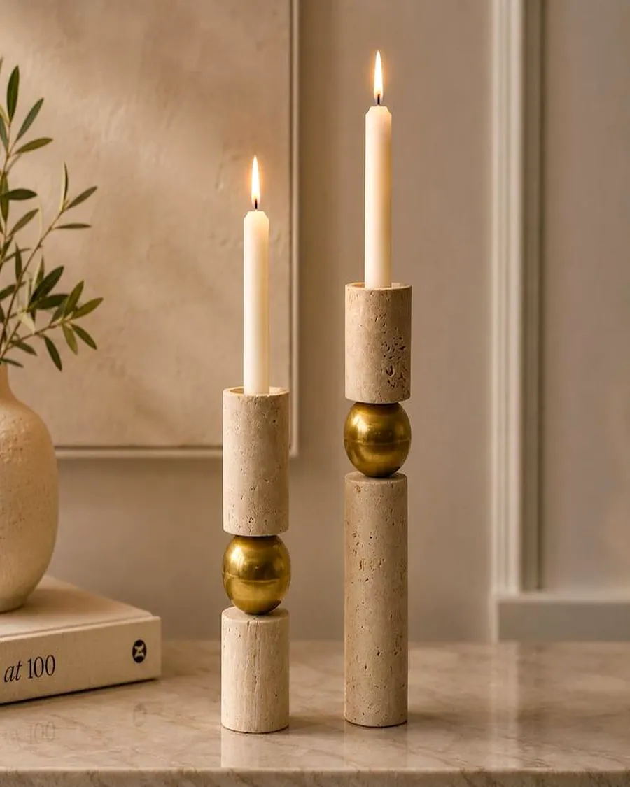 Travertine Taper Holders with Brass Ball — handcrafted marble by Authentic Jewels of Marble, Agra